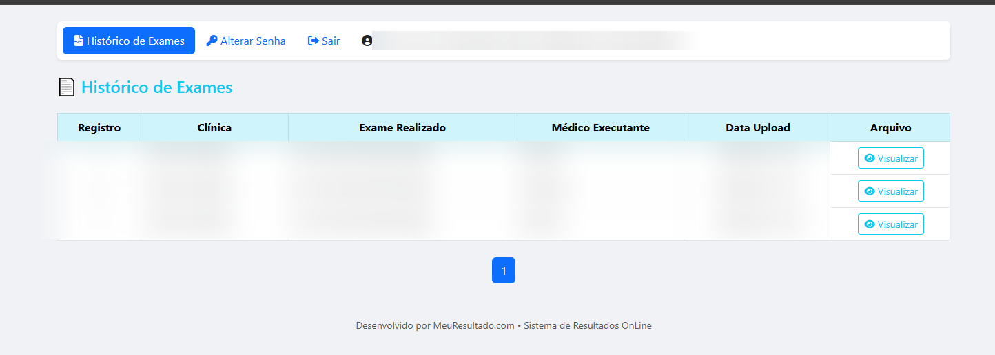 Tela do paciente - Histórico de Exames